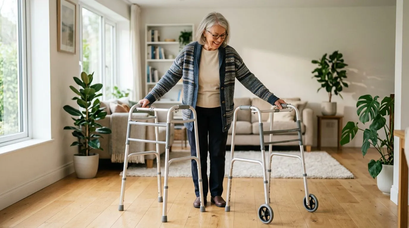 Older adult comparing a standard walker and a two-wheel walker at home