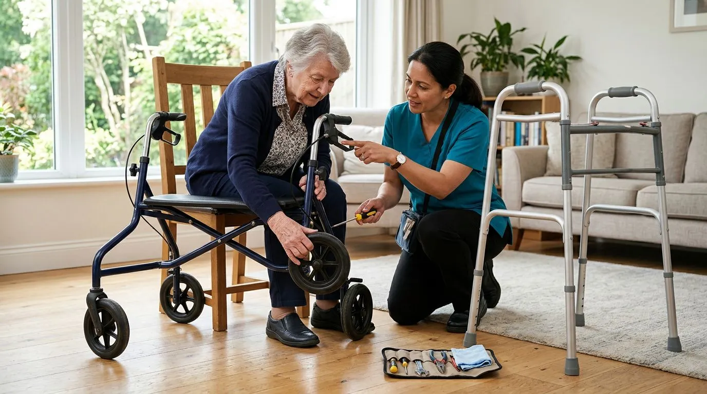 Caregiver checking a walker and rollator for loose parts, worn tips, wheels, and brakes