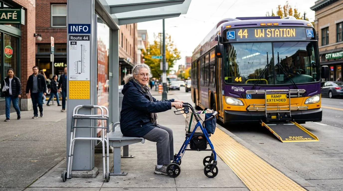 Older adult preparing to board public transportation with a walker and rollator at an accessible bus stop