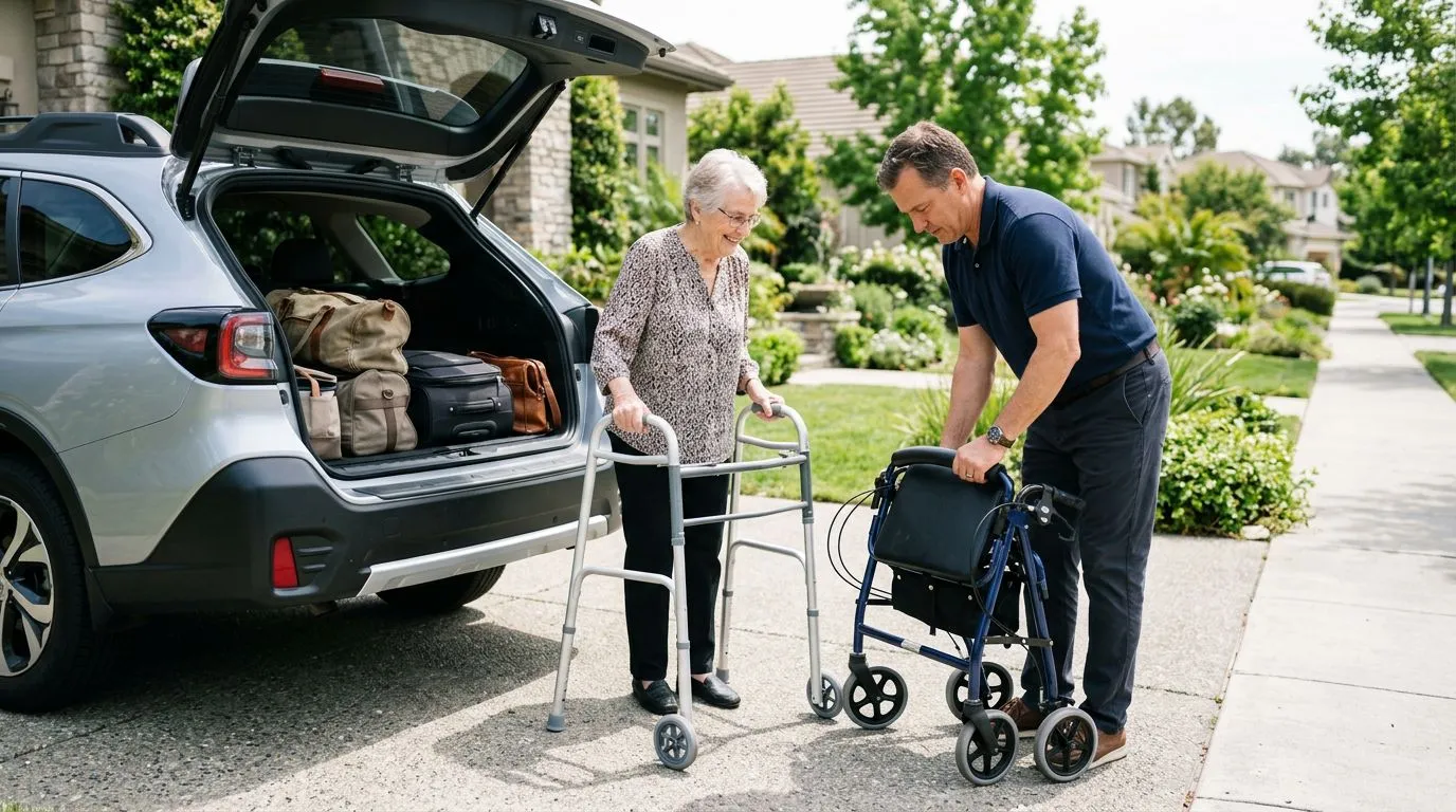 Folded walker and rollator with travel bags beside an open car trunk