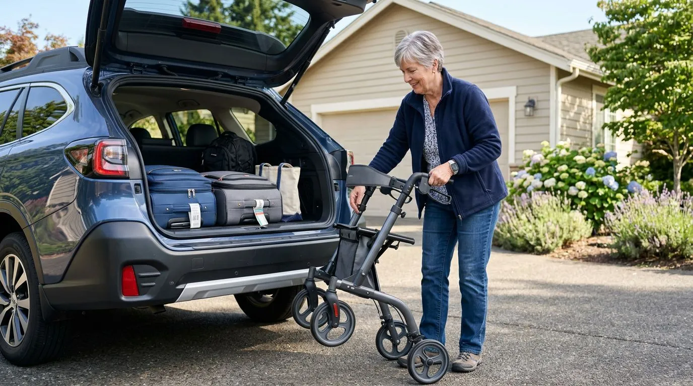 Older adult folding a rollator walker beside an open car trunk for travel