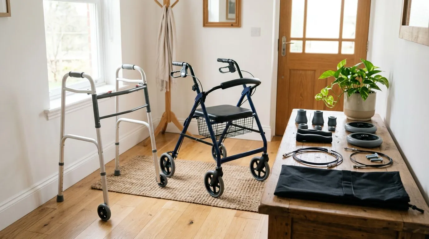 Walker and rollator with replacement parts and accessories arranged for maintenance
