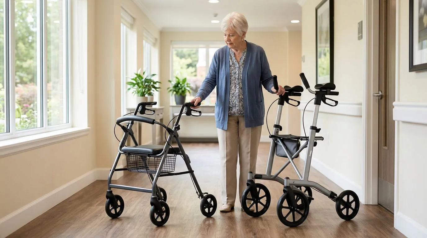 Older adult comparing a standard rollator and an upright rollator in a home hallway