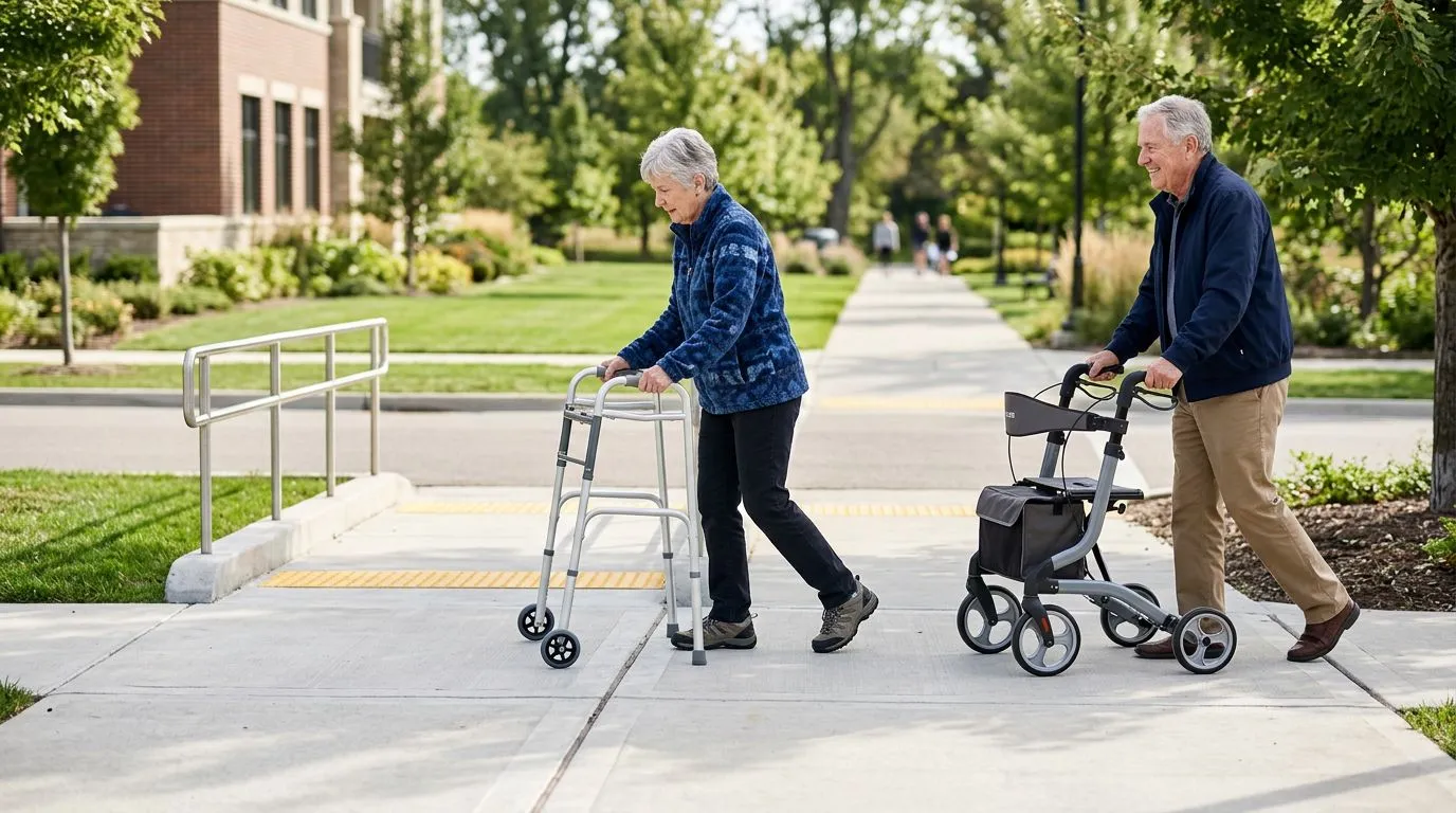 Older adults using a mobility walker and rollator outdoors near a curb ramp