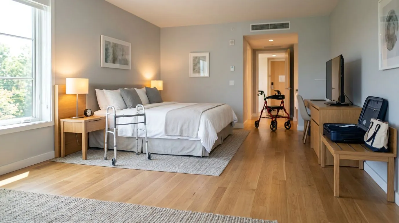 Hotel room with a walker and rollator positioned for clear access around the bed and doorway