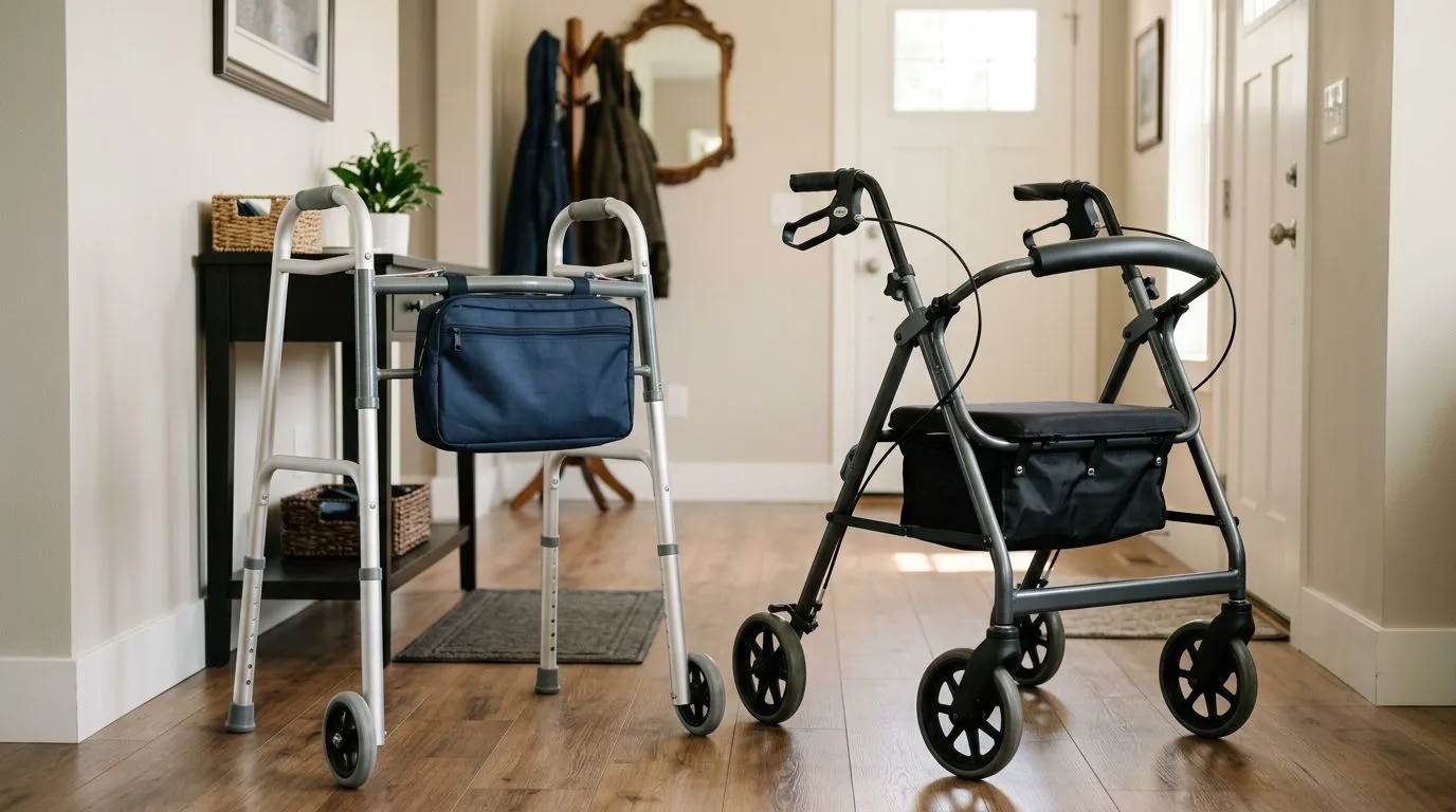 Walker with front bag and rollator with under-seat storage bag in a home entryway