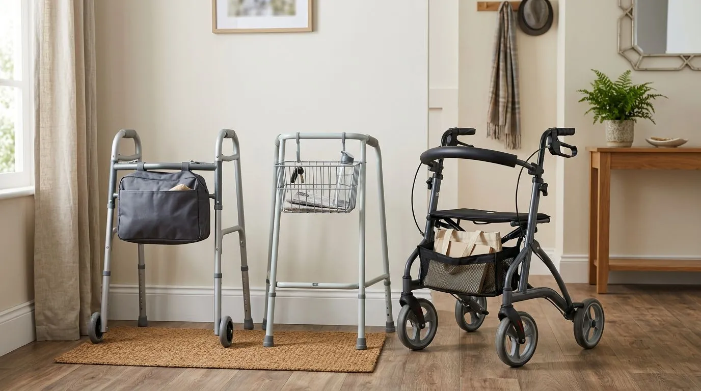 Walker bag, walker basket, and rollator under-seat storage options shown side by side