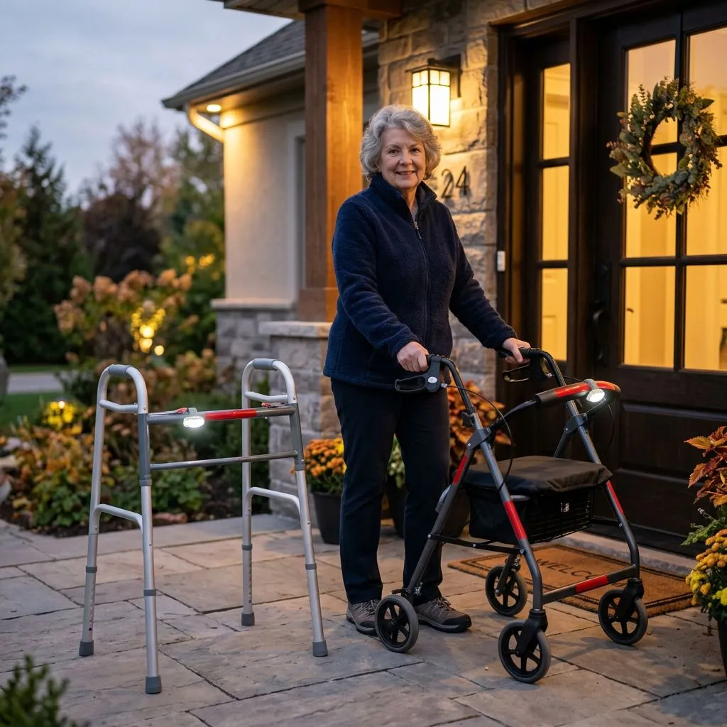 Walker and rollator with covers, lights, and reflective accessories near an entryway at dusk