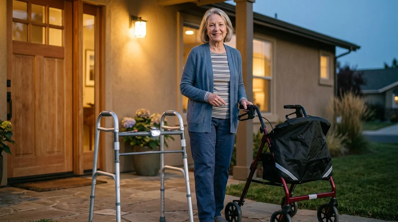 Walker and rollator with covers, lights, and reflective accessories near an entryway at dusk