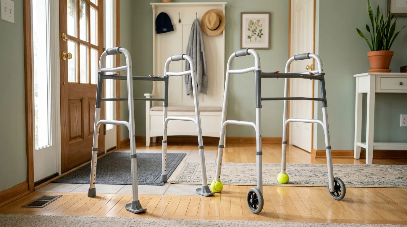 Walker feet accessories including rubber tips, glides, skis, and tennis balls on mixed home flooring