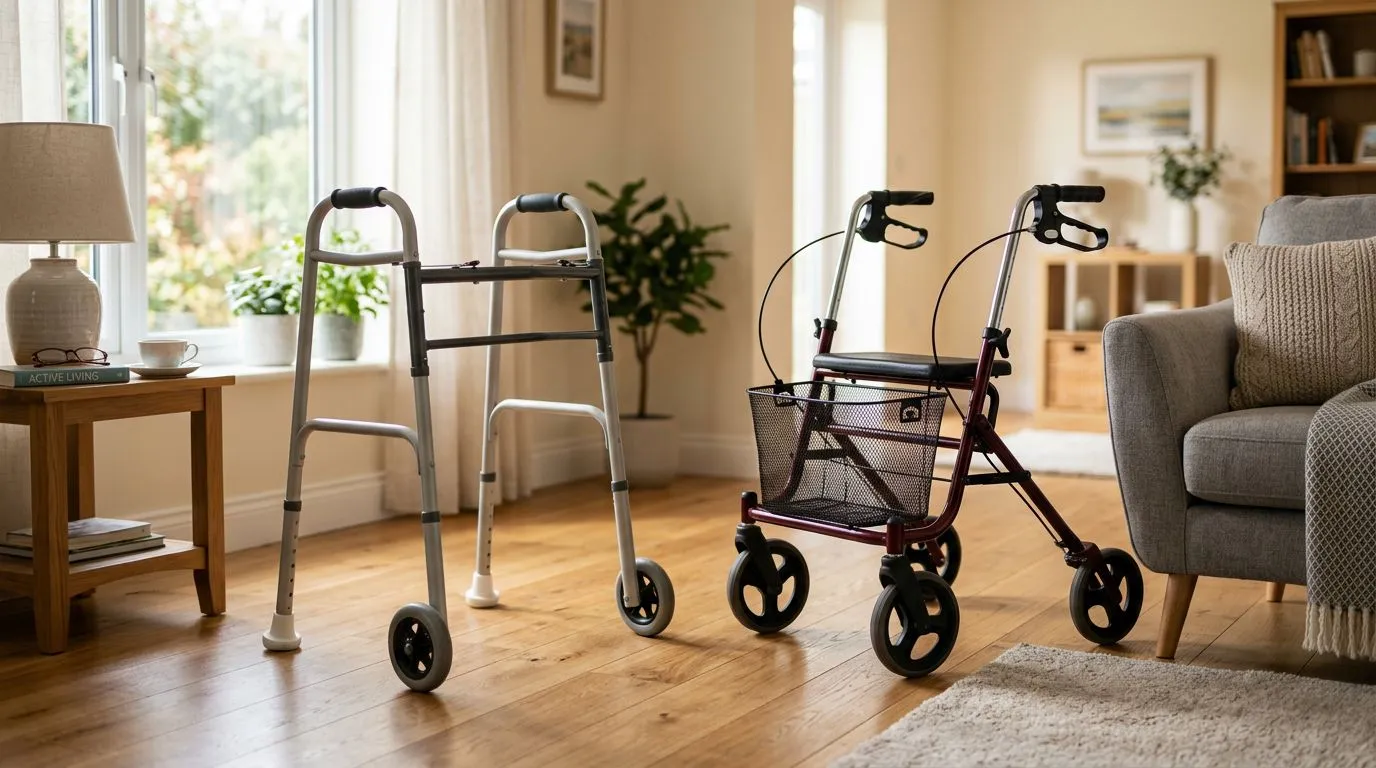 Two-wheel walker with rear glides and a rollator on a clean indoor floor
