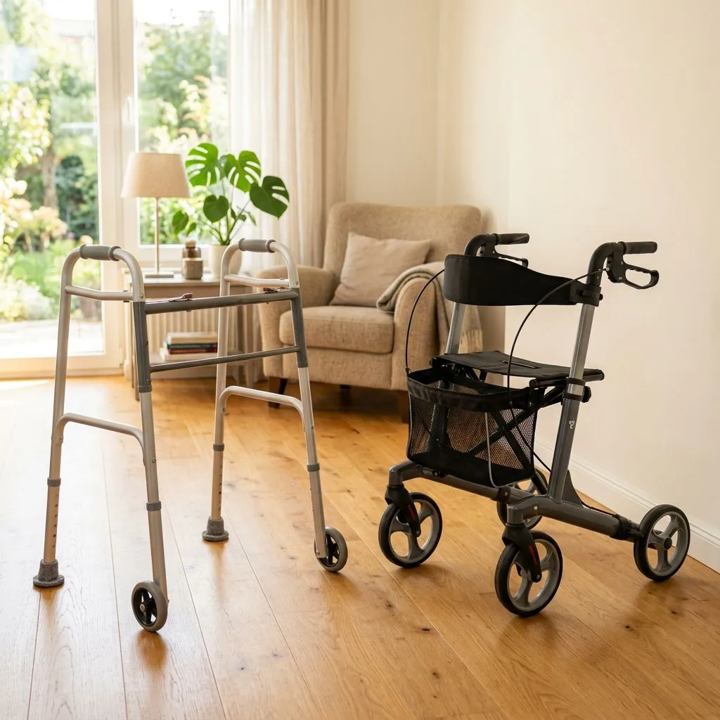Two-wheel walker with rear glides and a rollator on a clean indoor floor