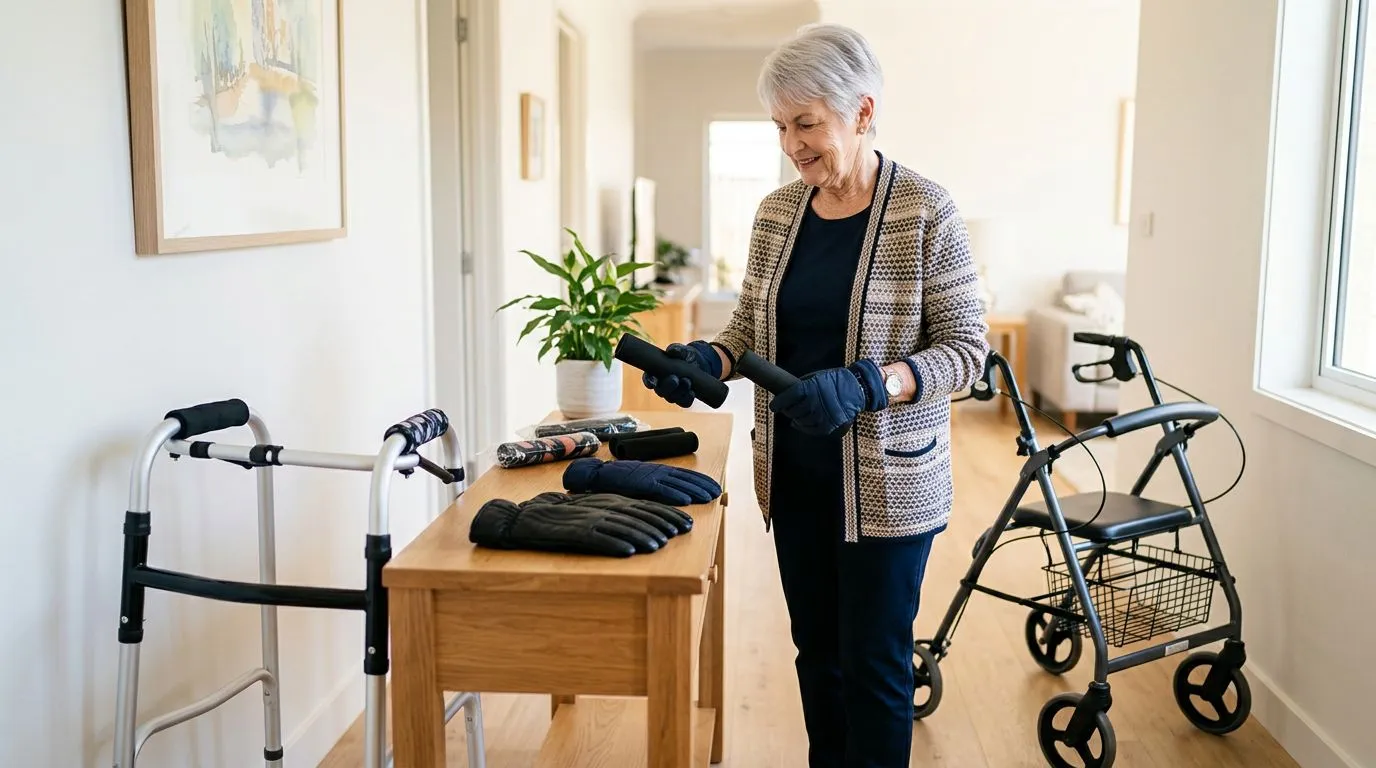 Older adult comparing walker hand grips, foam covers and padded gloves beside a walker and rollator