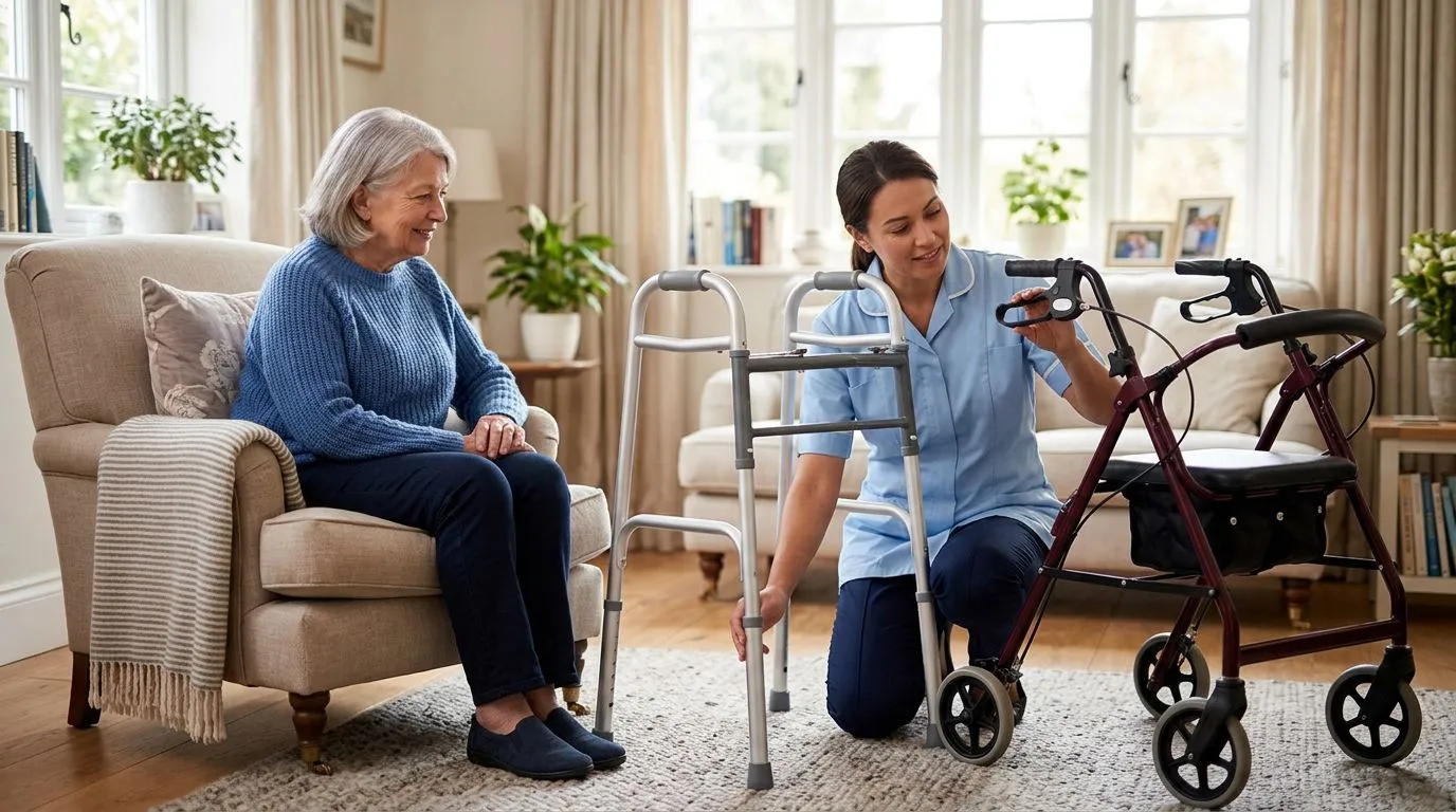 Caregiver inspecting a walker and rollator for wobble, including rubber tips, wheels, and brakes