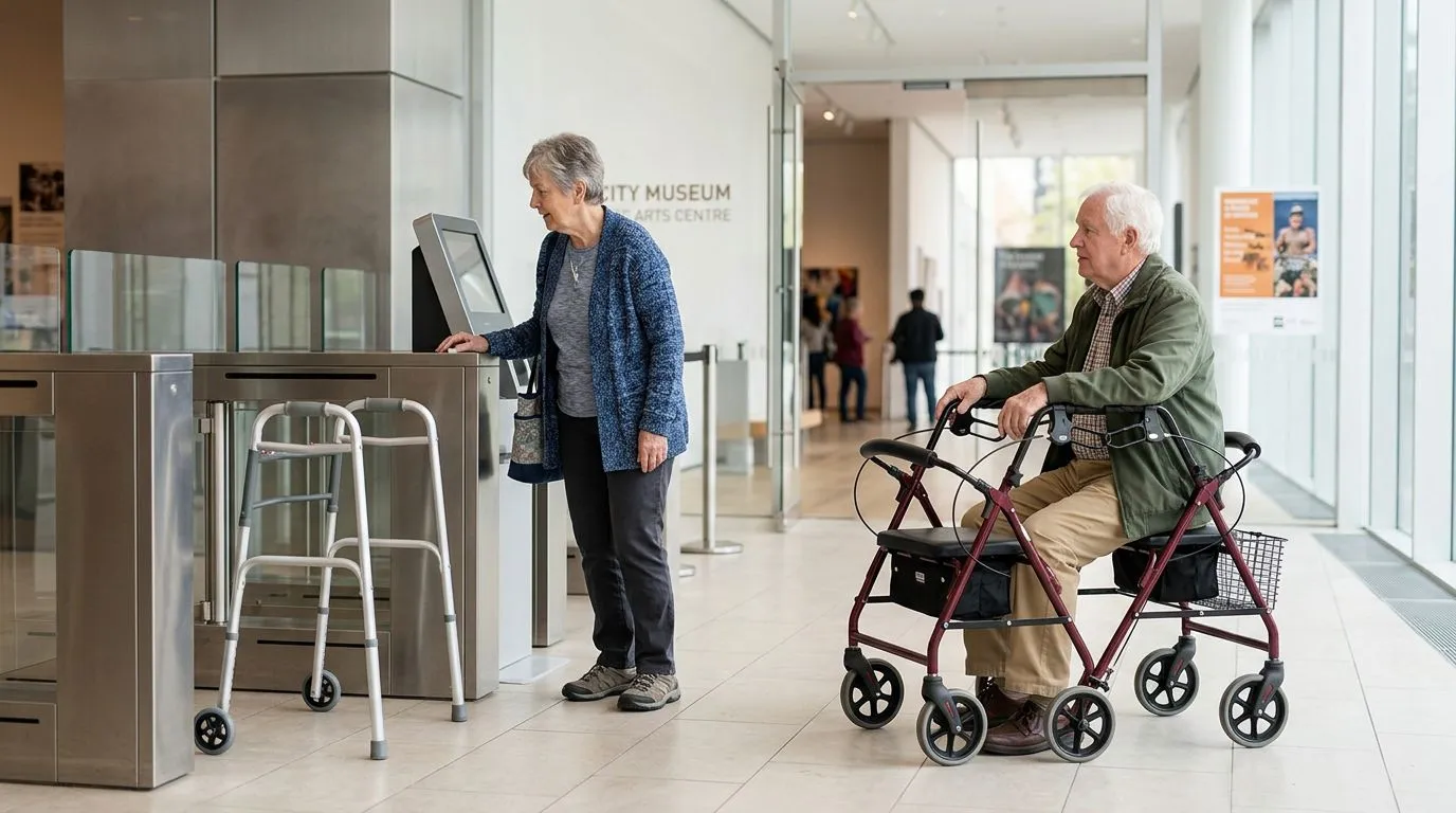 Older adults using a walker and a rollator during a day trip at a museum