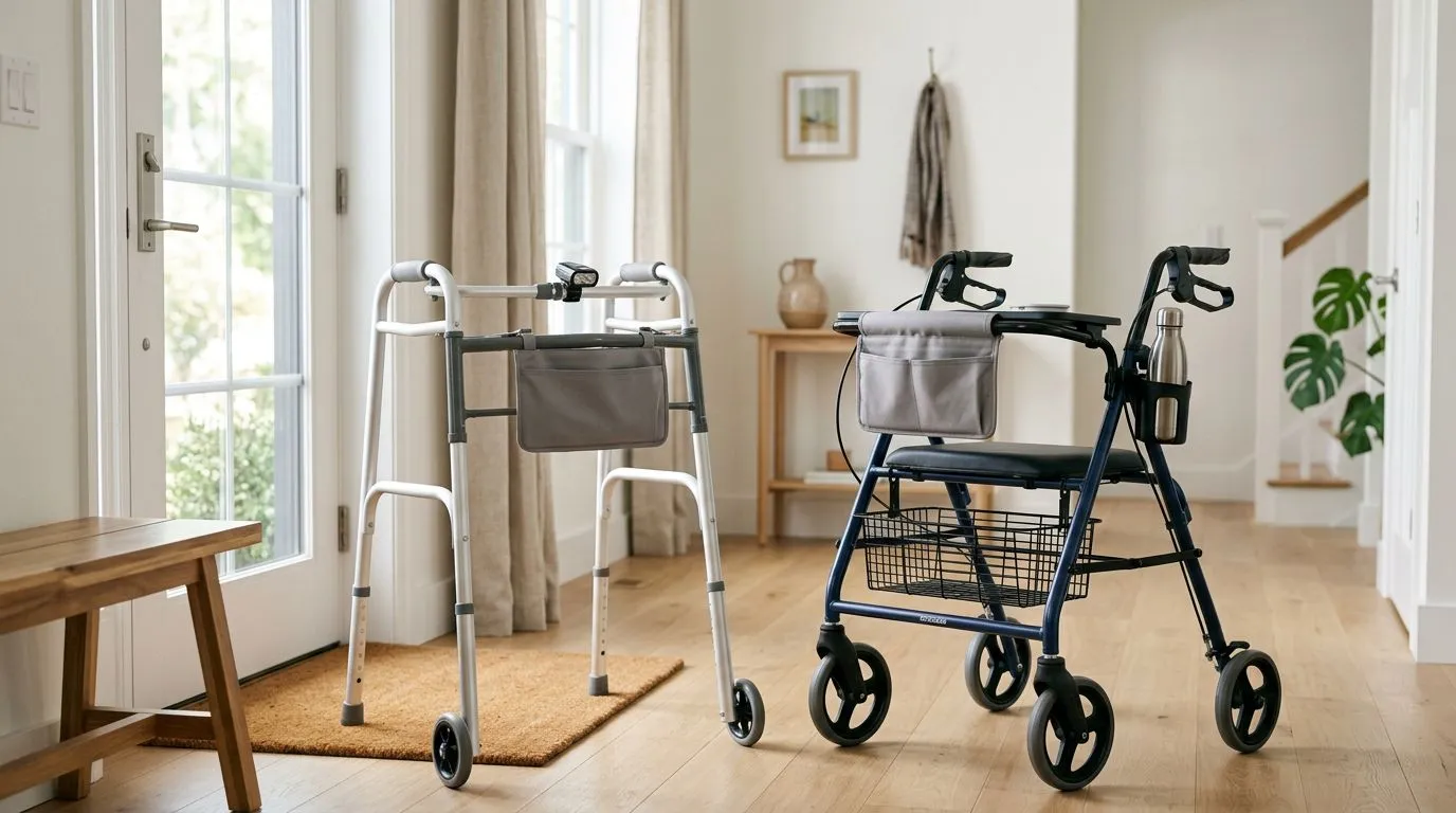 Standard walker and rollator with practical accessories including a bag, tray, cup holder, light, and padded grips