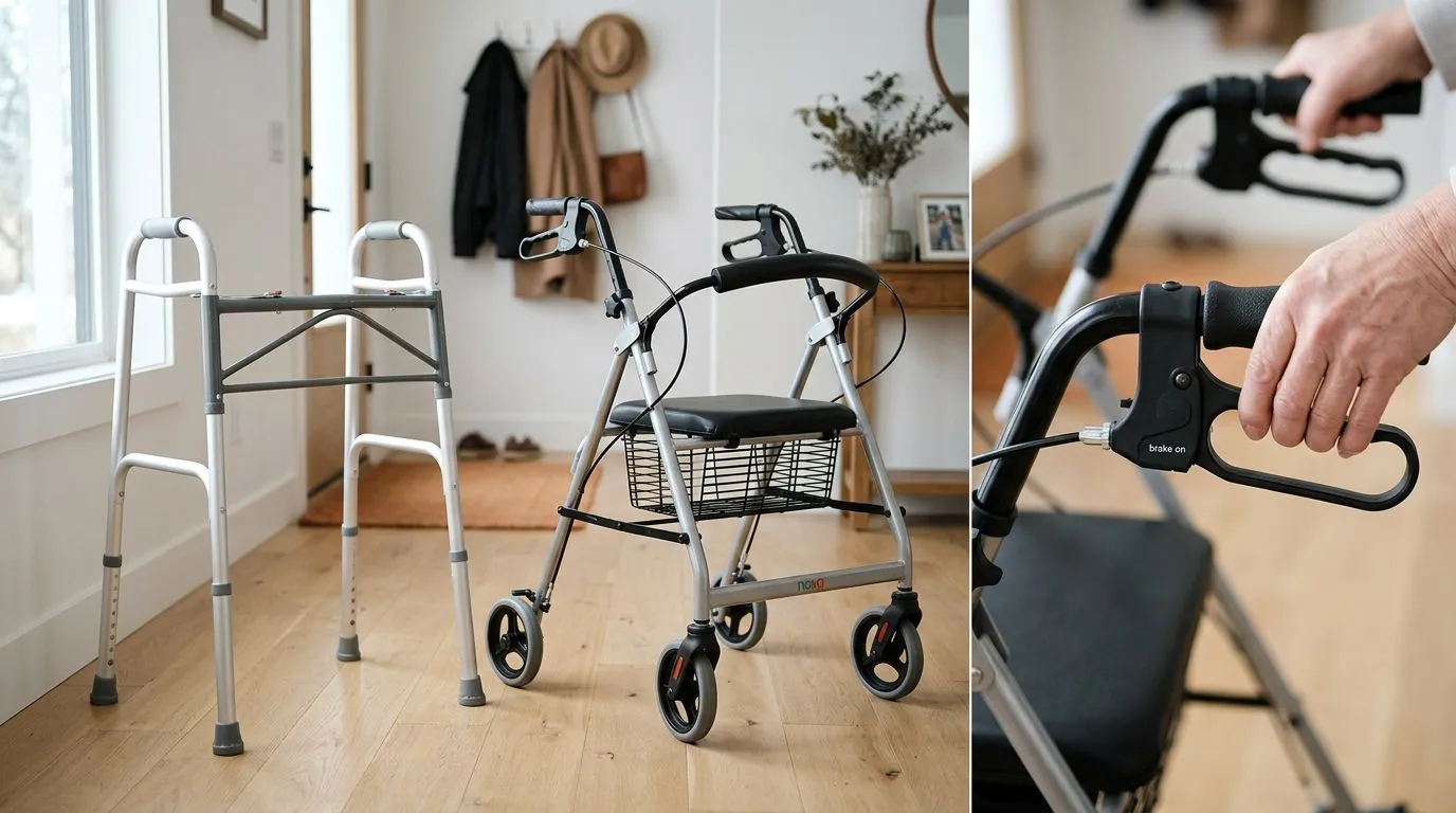 Standard walker and rollator brake options shown in a home setting