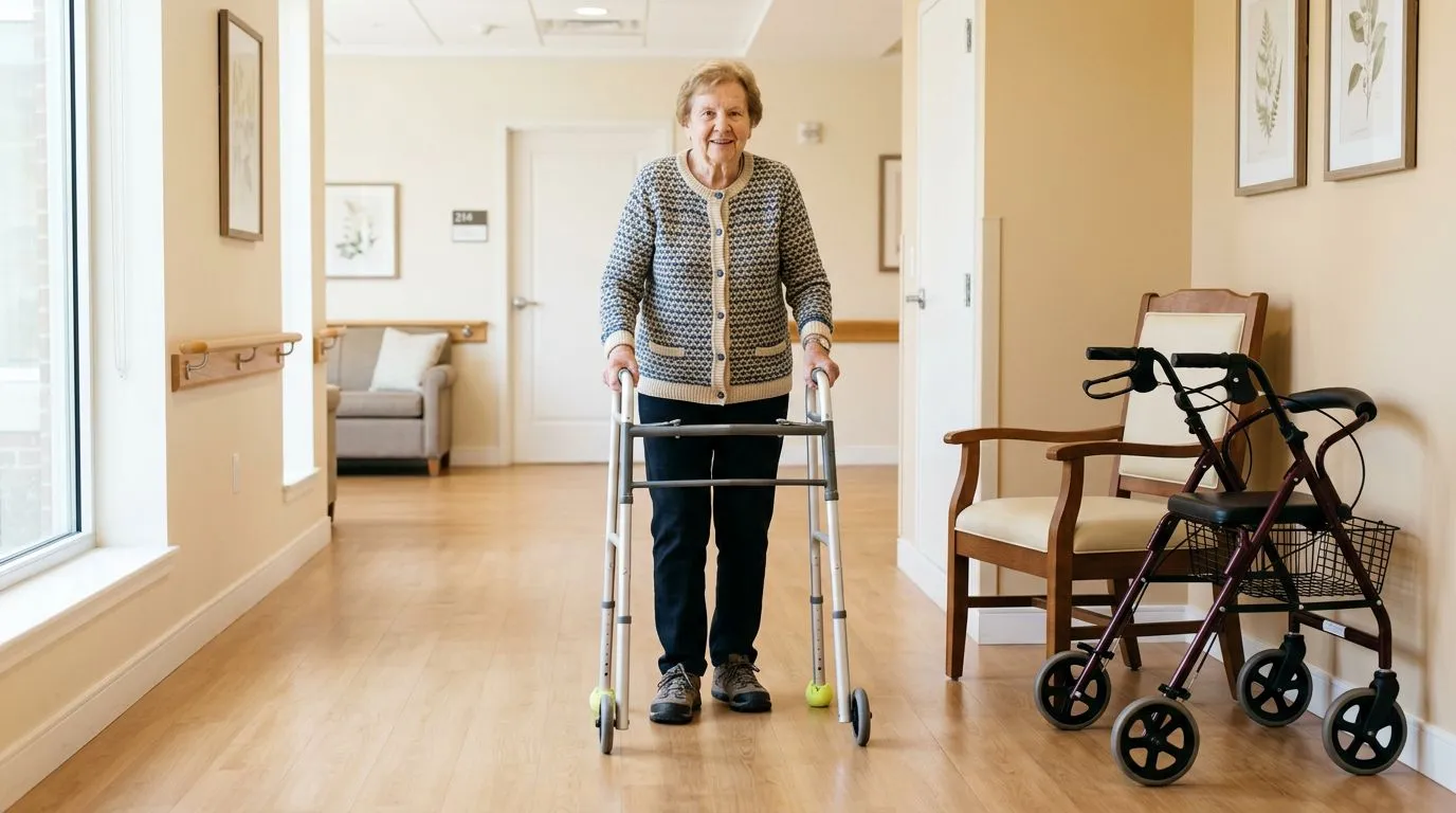 Older adult demonstrating safe walker and rollator use in a clear home hallway