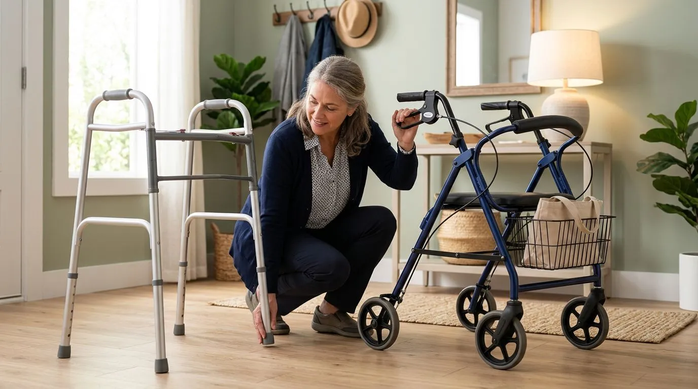 Caregiver inspecting a walker and rollator for maintenance at home
