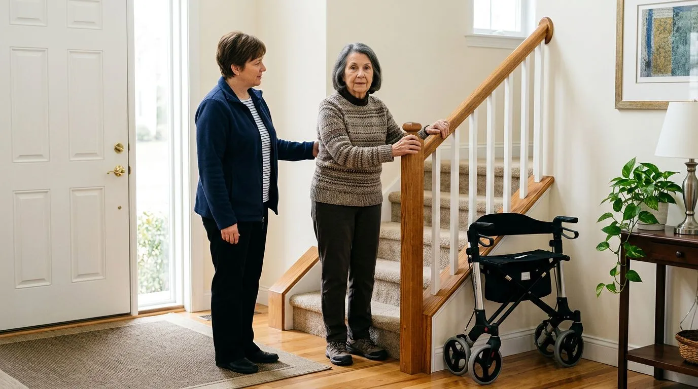 Older adult and caregiver practicing safe stair use with a walker near a handrail