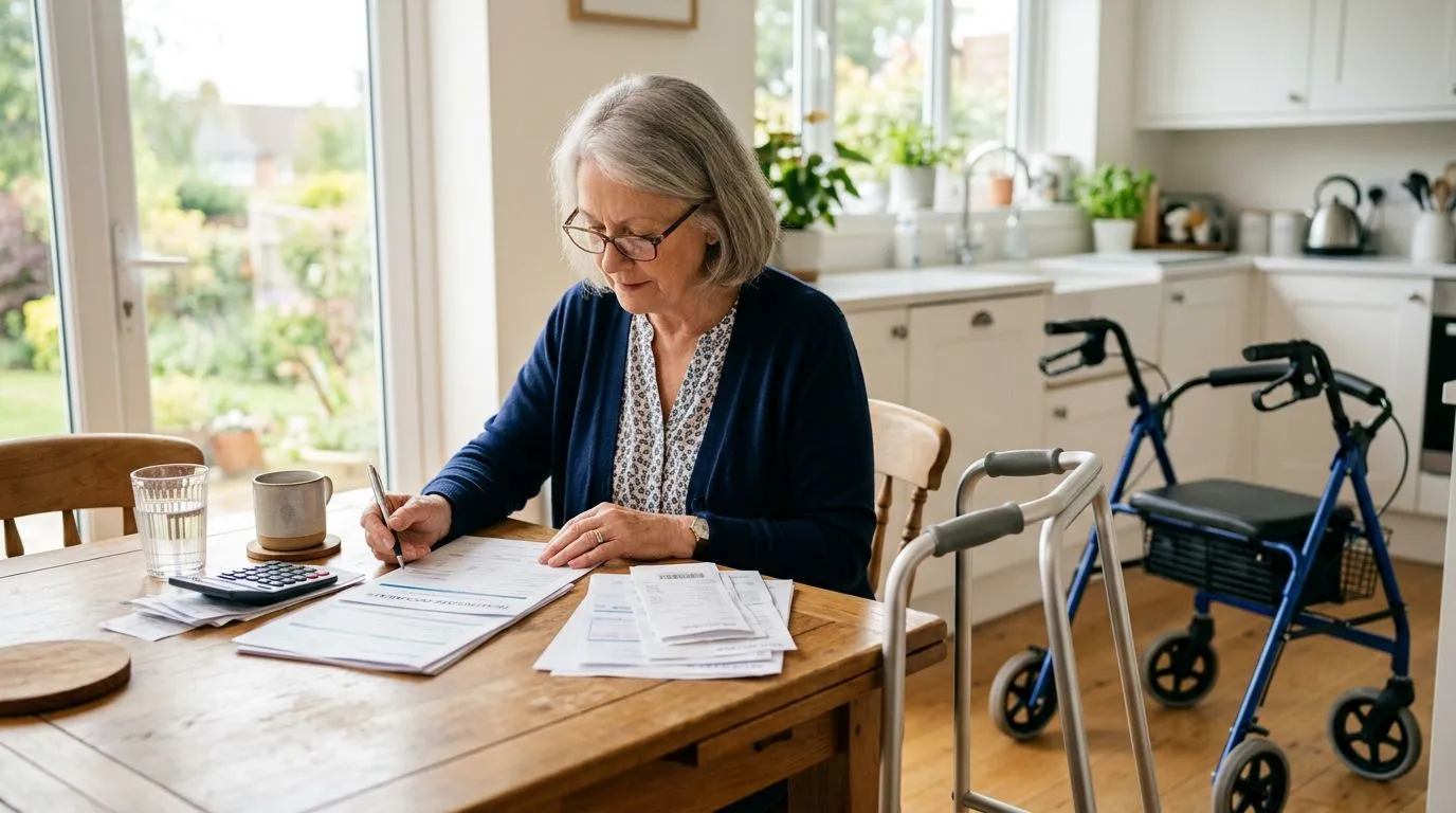 Senior reviewing payment paperwork beside a walker and rollator at home
