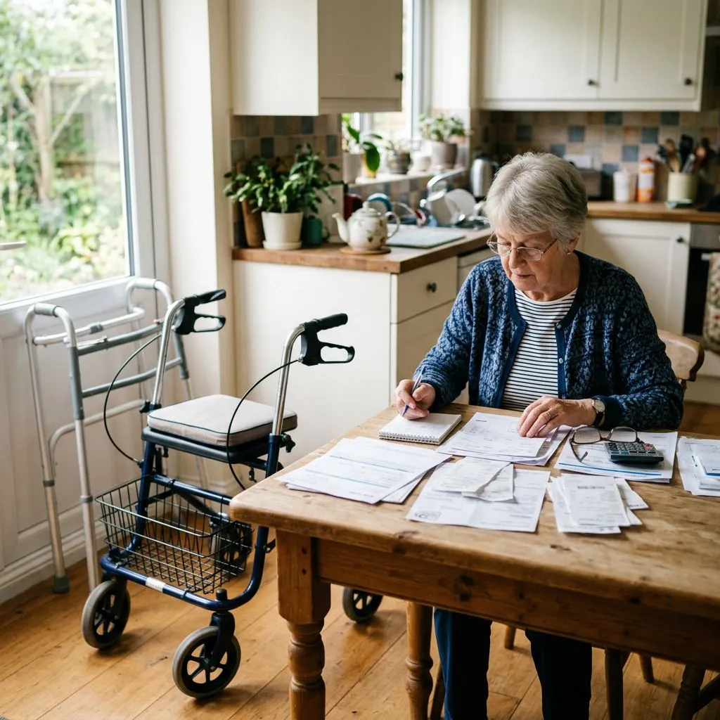 Senior reviewing payment paperwork beside a walker and rollator at home