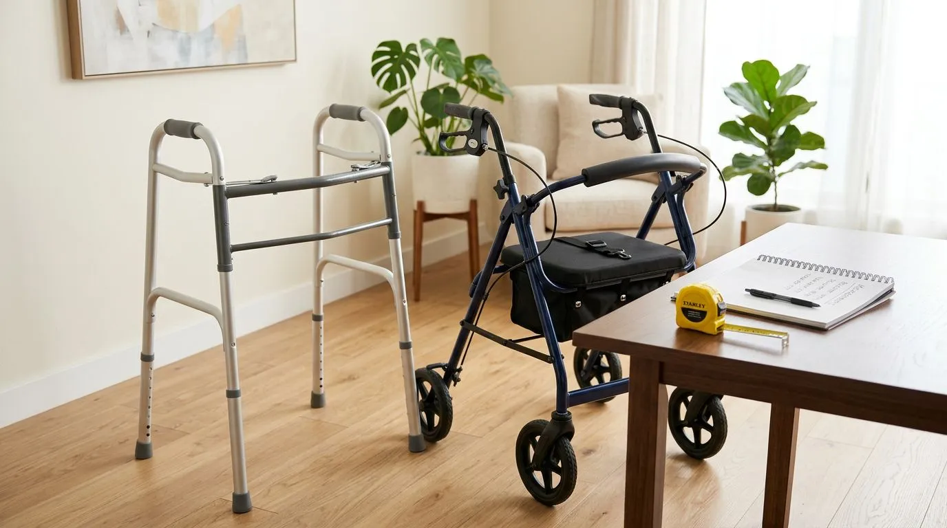 Walker and rollator replacement parts laid out with a tape measure for sizing