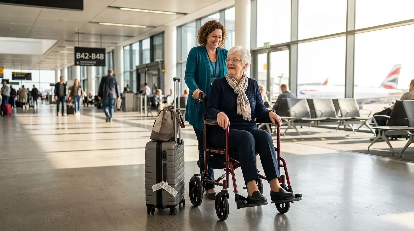 Older adult using a walker-rollator transport chair combo while traveling in an airport