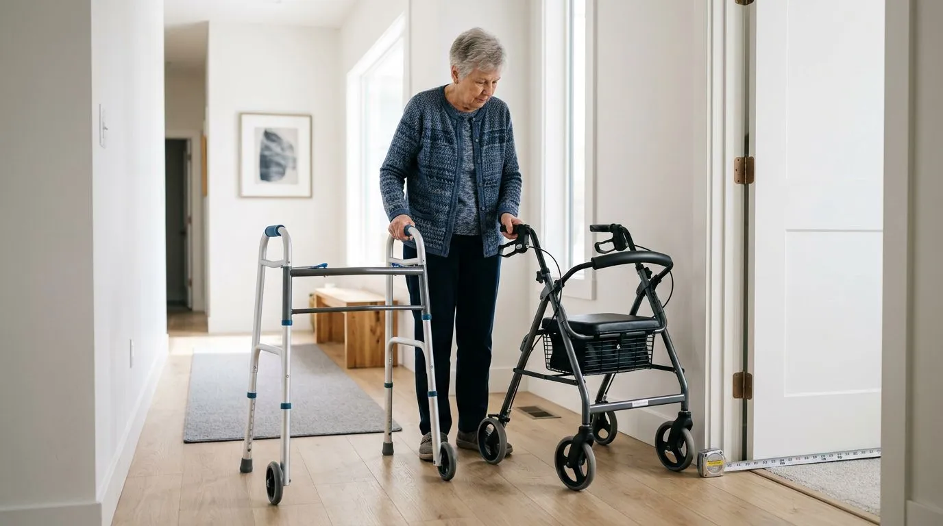 Senior comparing a walker and rollator near a doorway to check weight capacity and fit