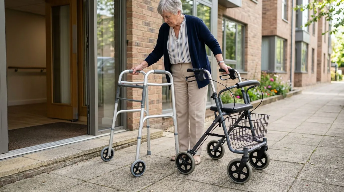 Older adult comparing walker and rollator wheel sizes near a doorway and sidewalk