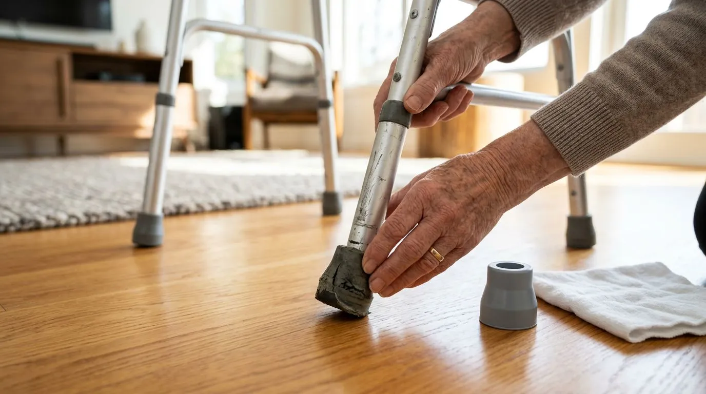Senior inspecting a worn rubber tip on a folding walker at home