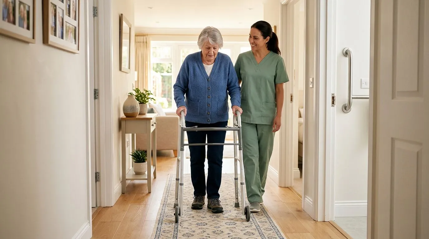 Older adult using a walker safely in a clear home hallway with a caregiver nearby