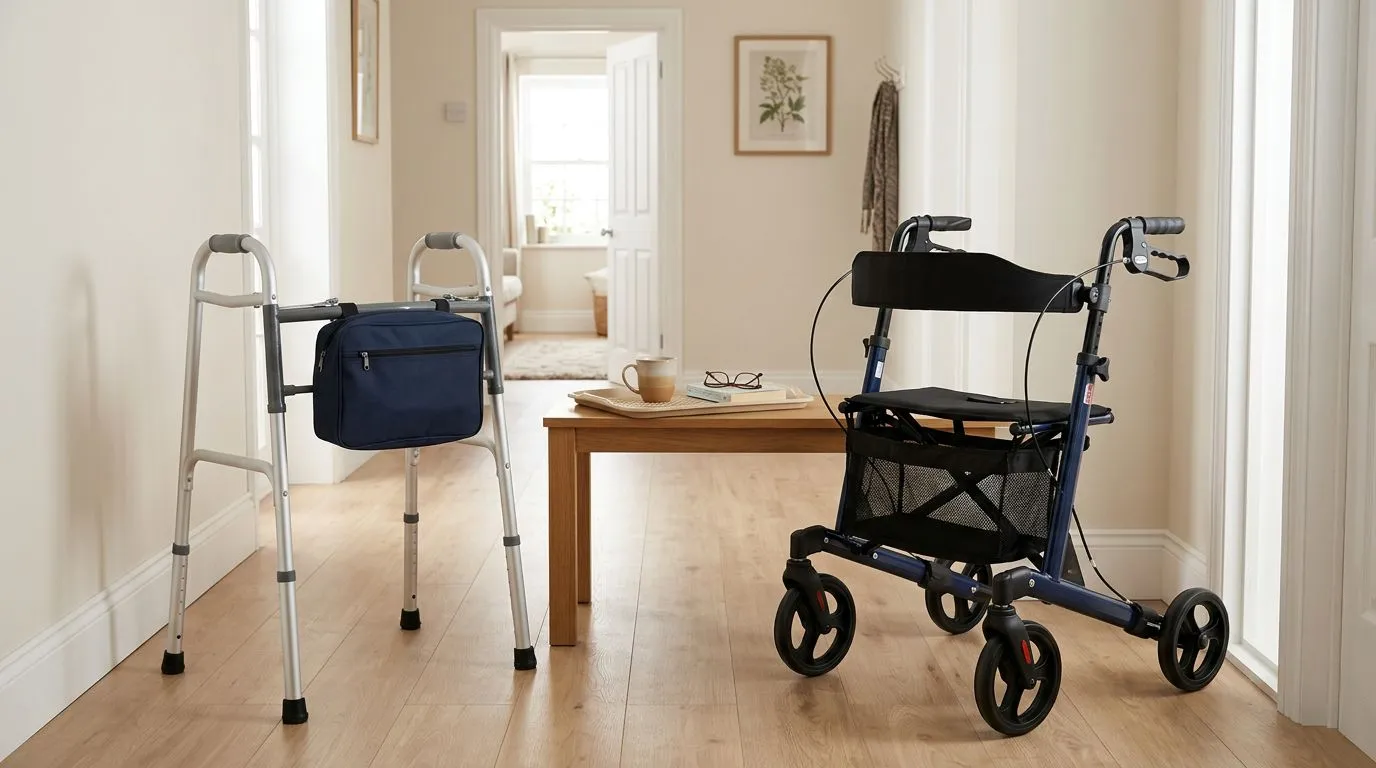 Walker and rollator storage options including a tray, basket, and soft bag in an accessible home hallway