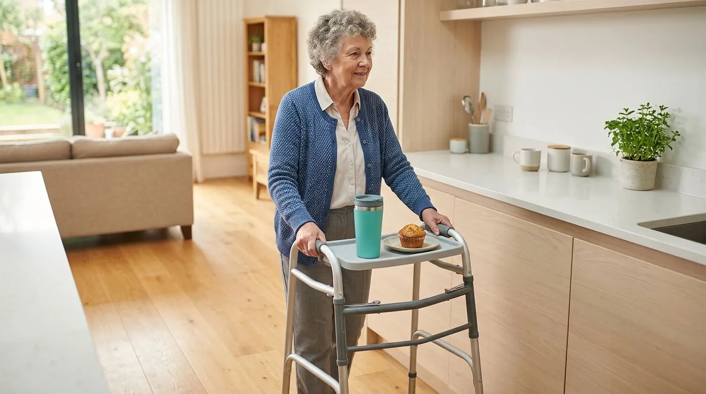 Older adult using a walker tray indoors to carry a covered drink and small plate safely