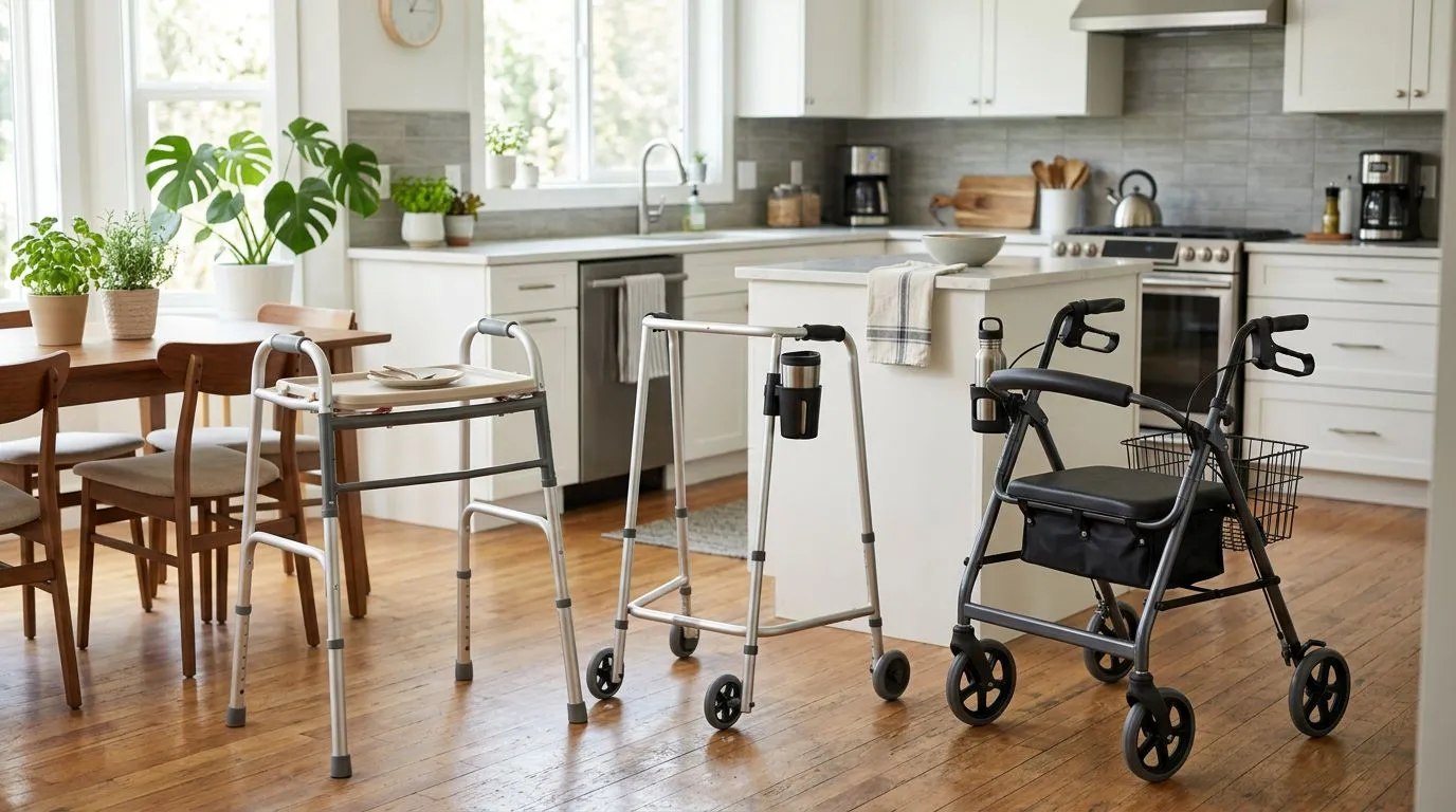 Standard walker, two-wheel walker, and rollator shown with trays and cup holders in a home kitchen