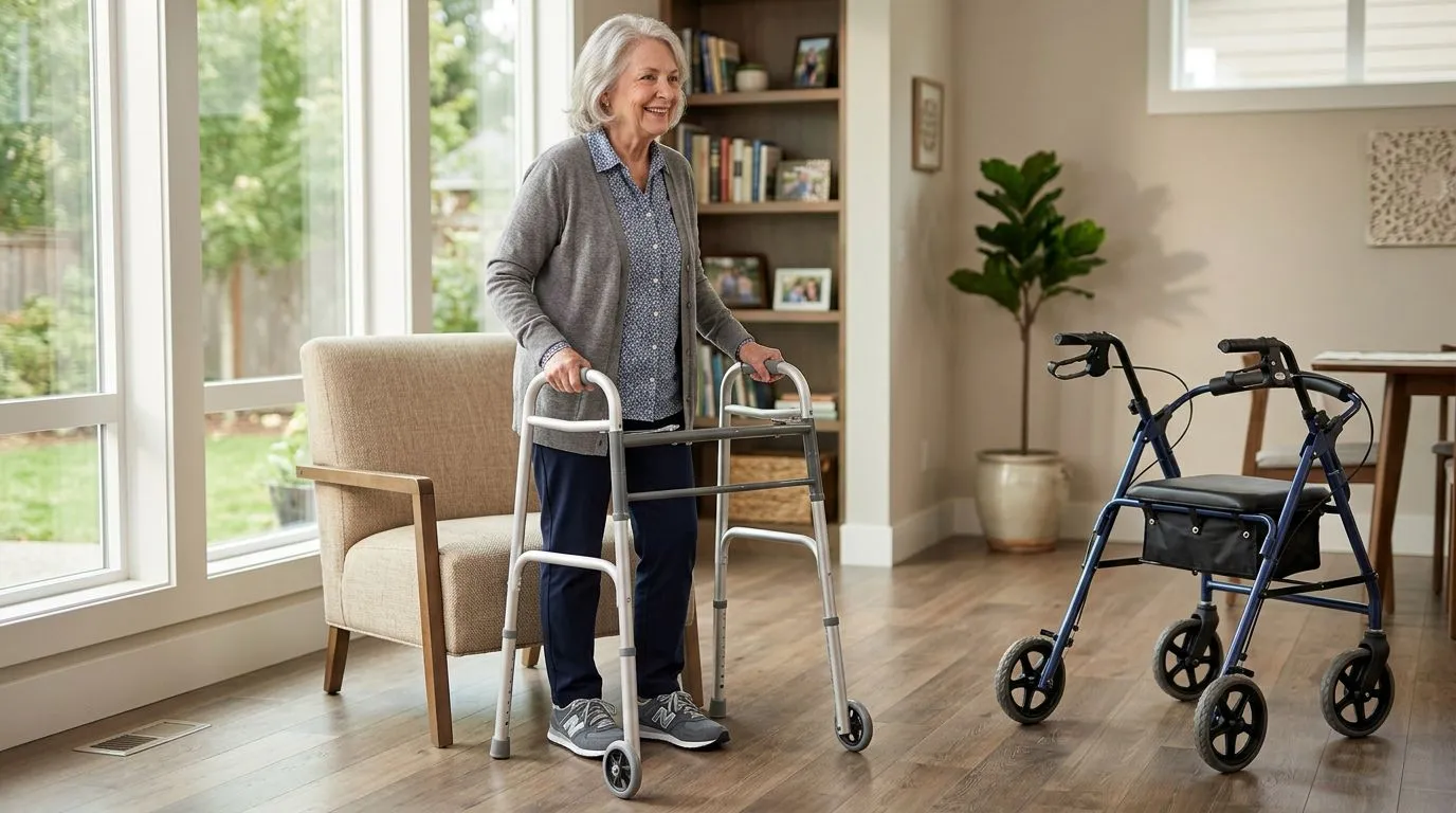 Older adult comparing a walker and rollator at home during recovery after surgery or a fall