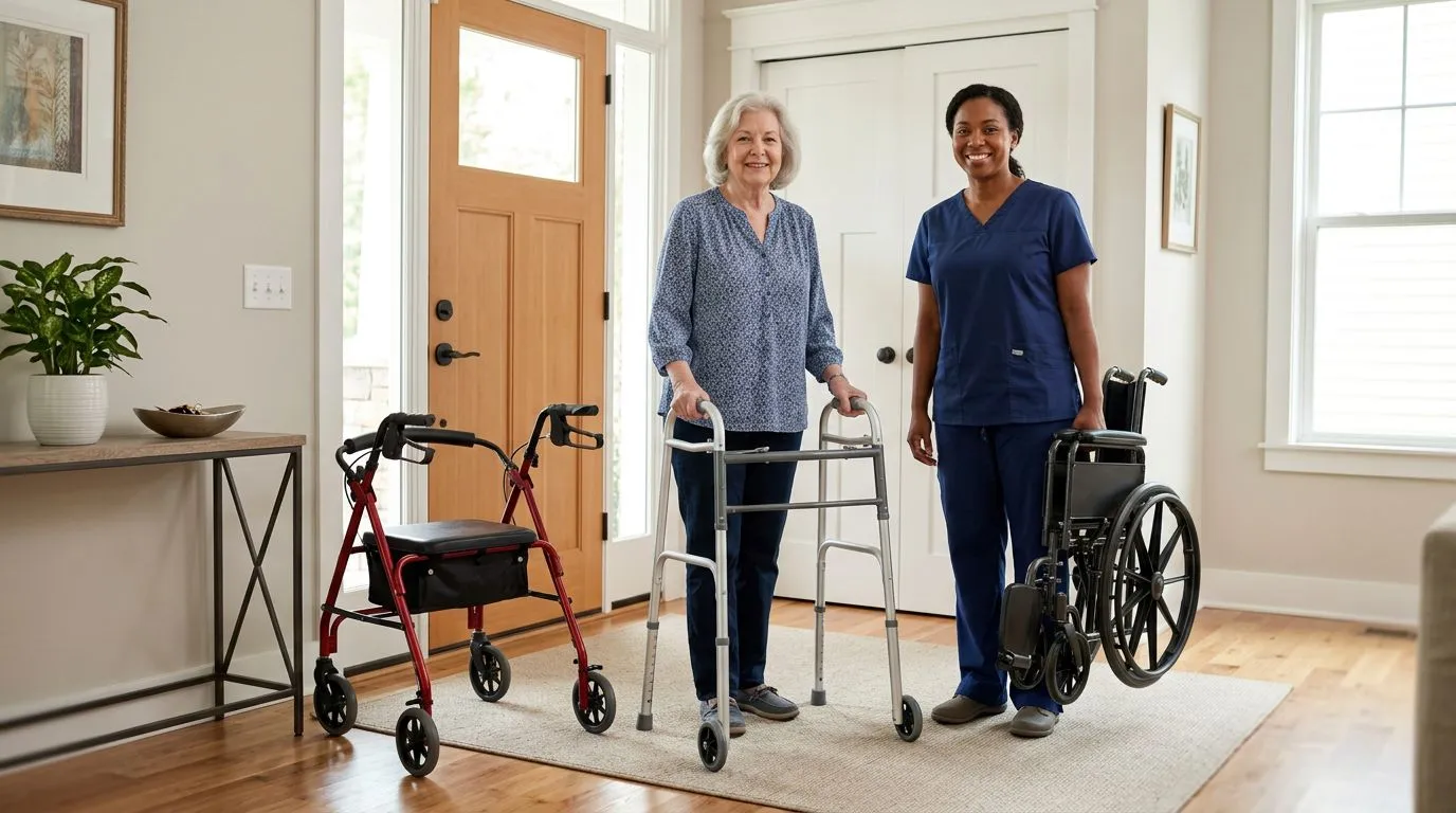 Older adult comparing a walker, rollator, and transport chair with caregiver support