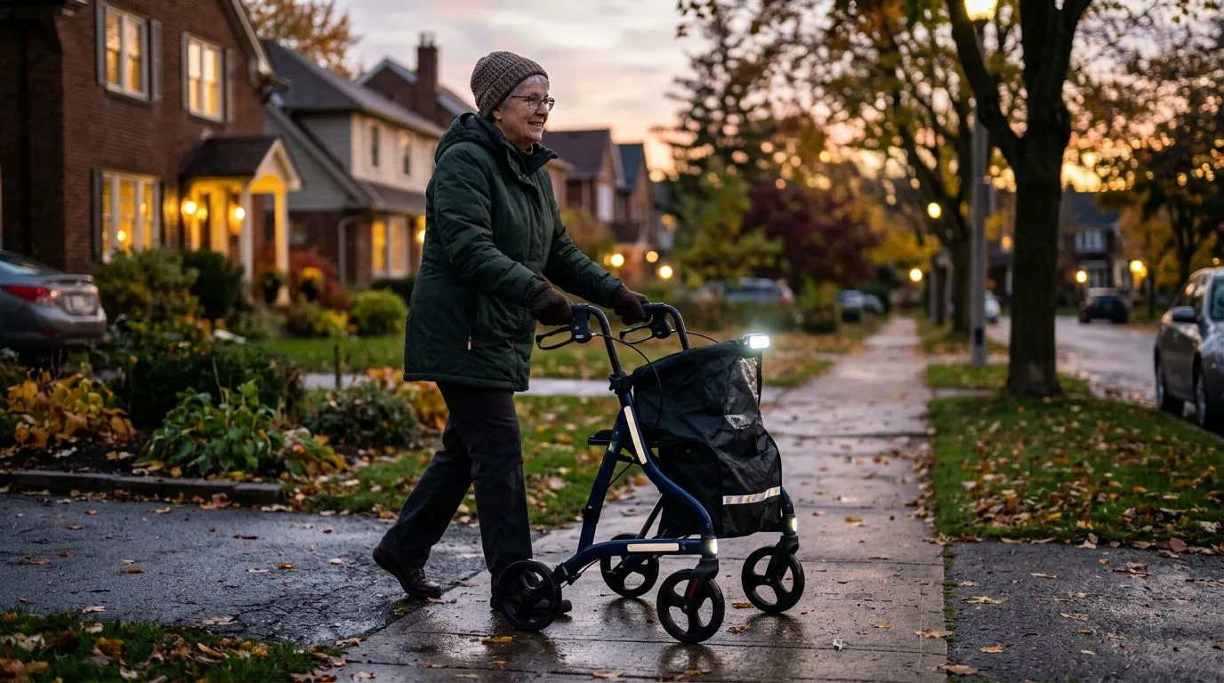 Older adult using a rollator with weather cover, light, reflectors, and gloves on a damp sidewalk
