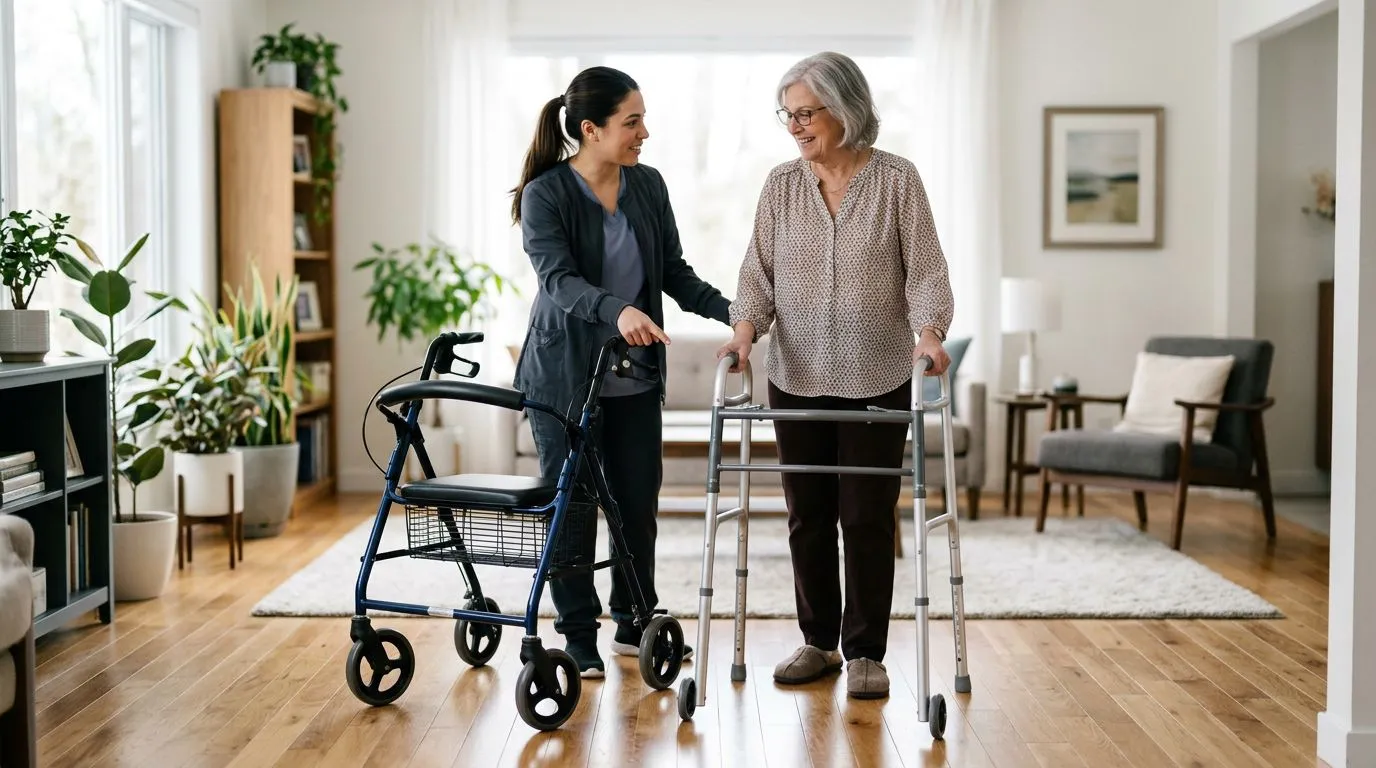 Older adult and caregiver comparing a standard walker and a rollator for safety at home