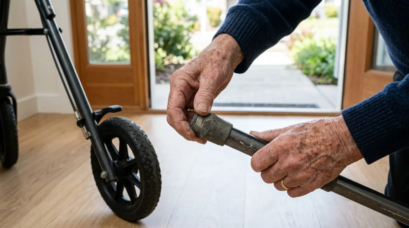 Older adult inspecting worn walker tip and rollator wheel for replacement