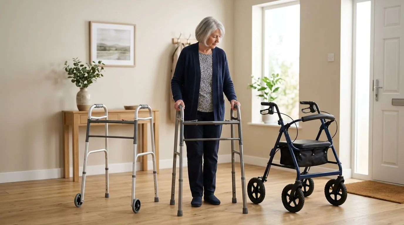 Older adult comparing a lightweight walker, heavy-duty walker, and all-terrain rollator