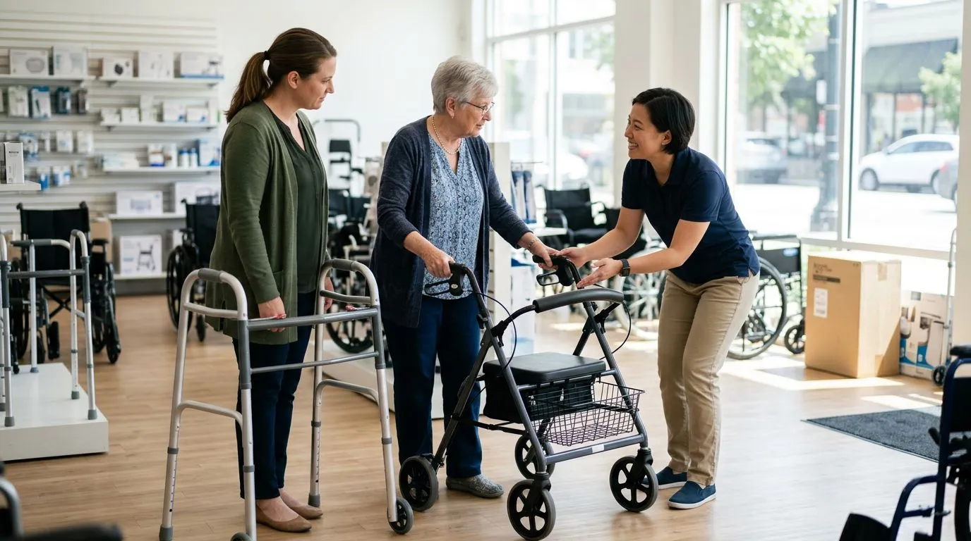 Older adult comparing a walker and rollator at a local medical equipment store