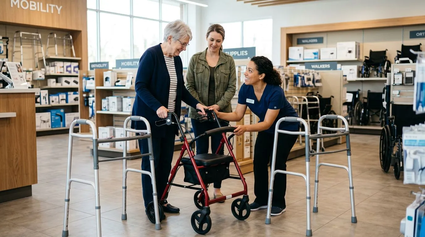 Older adult comparing a rollator walker and standard walker in a medical supply store