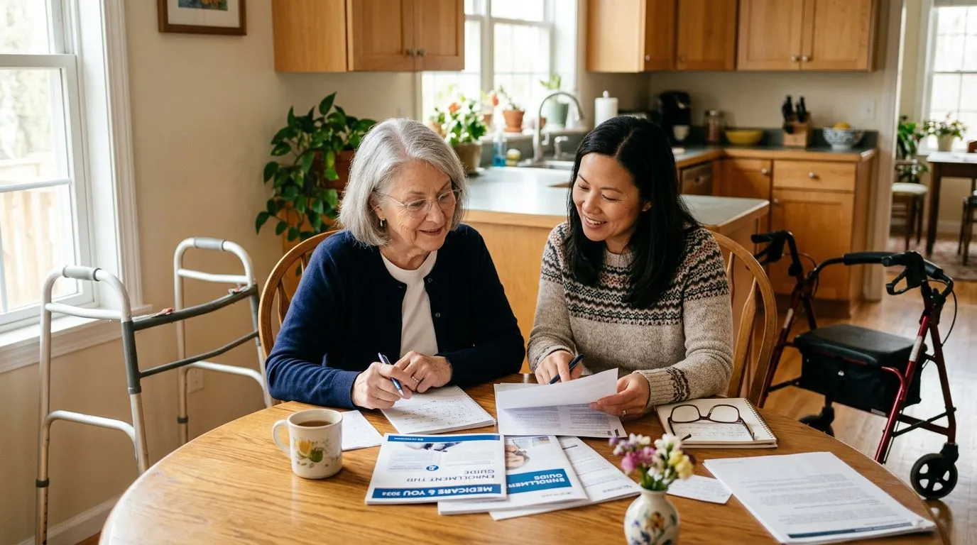 Older adult reviewing Medicare denial paperwork with a walker and rollator nearby