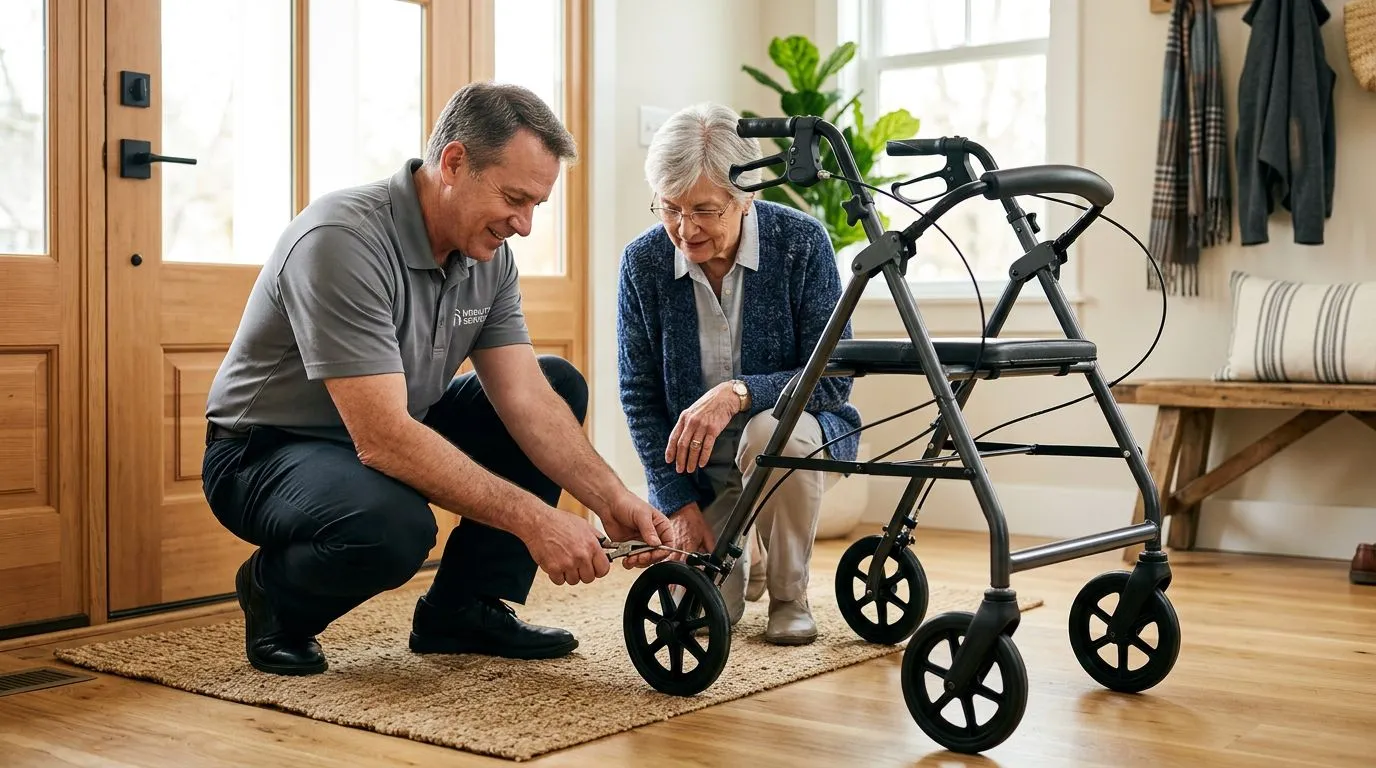 Older adult and technician checking a rollator brake near the rear wheel