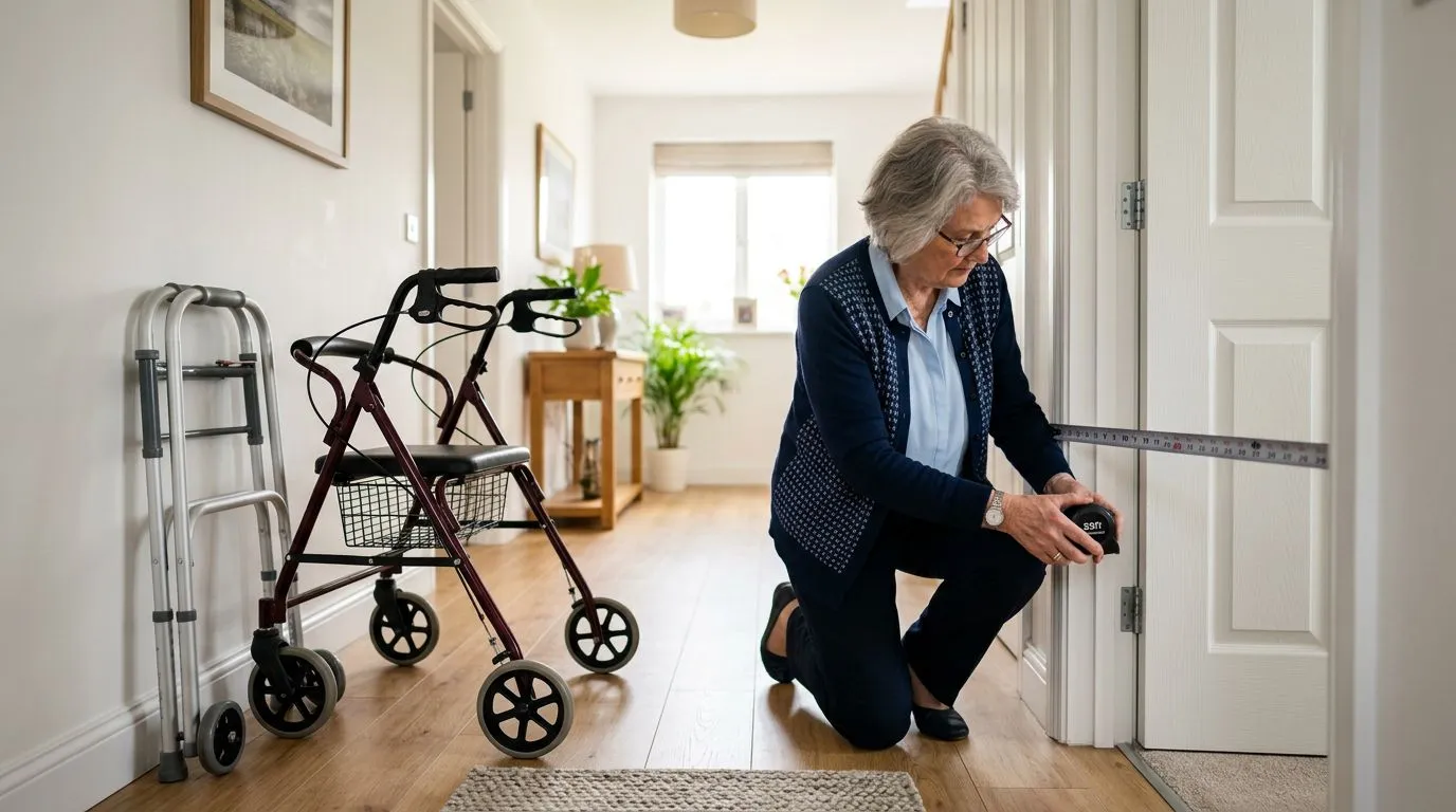 Older adult measuring a home doorway beside a walker and rollator