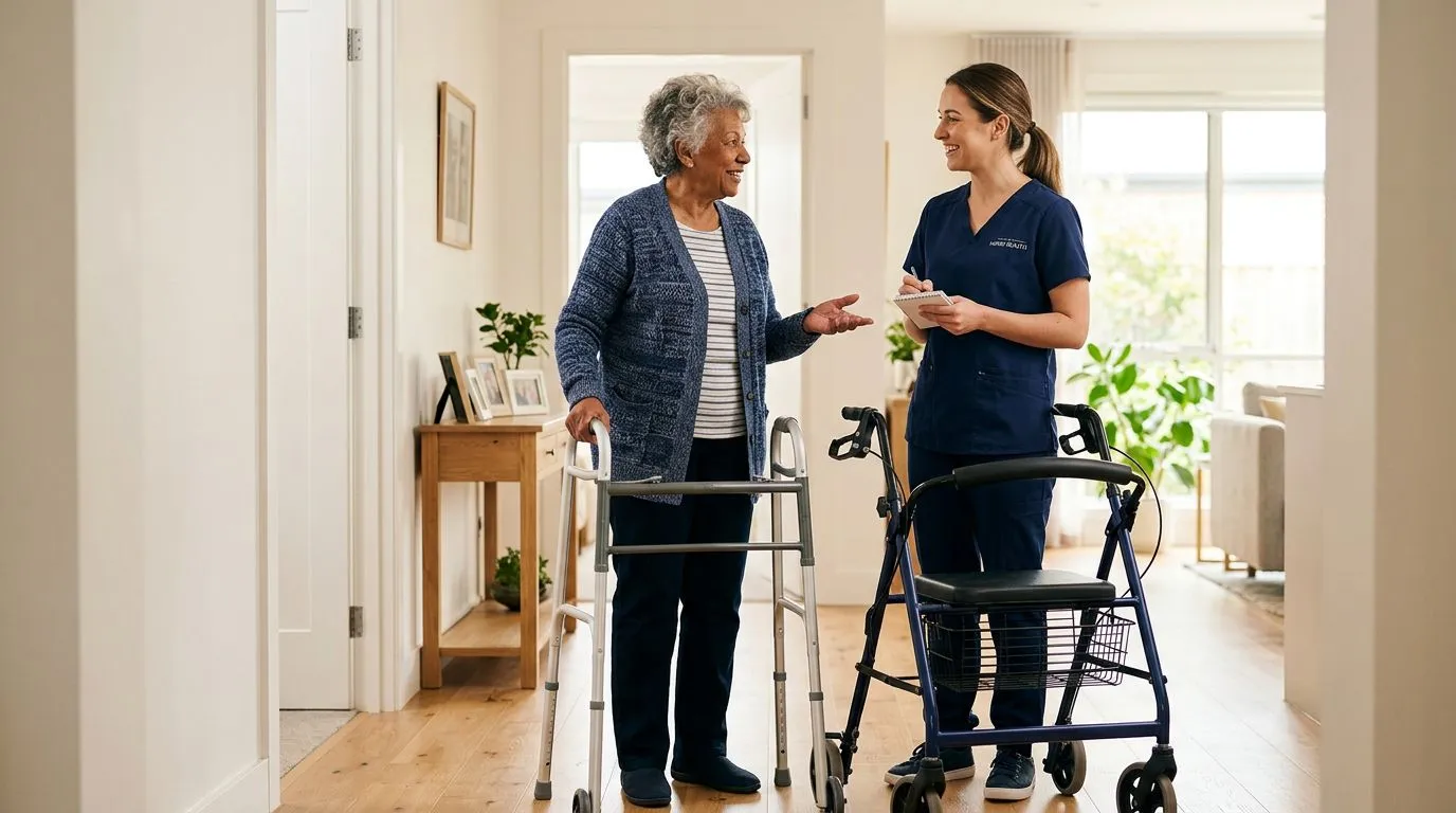 Senior discussing Medicare coverage for a walker and rollator with a healthcare professional